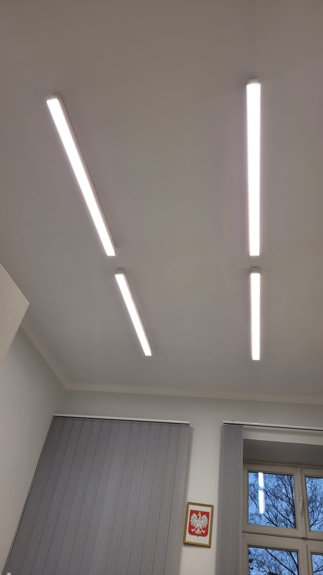 Biały sufit z czterema liniowymi lampami LED, szare żaluzje pionowe i okno z widokiem na drzewo, na ścianie godło Polski.