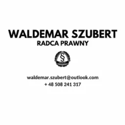 Logo kancelarii prawnej Waldemar Szubert z symbolem paragrafu, adresem e-mail i numerem telefonu na białym tle.