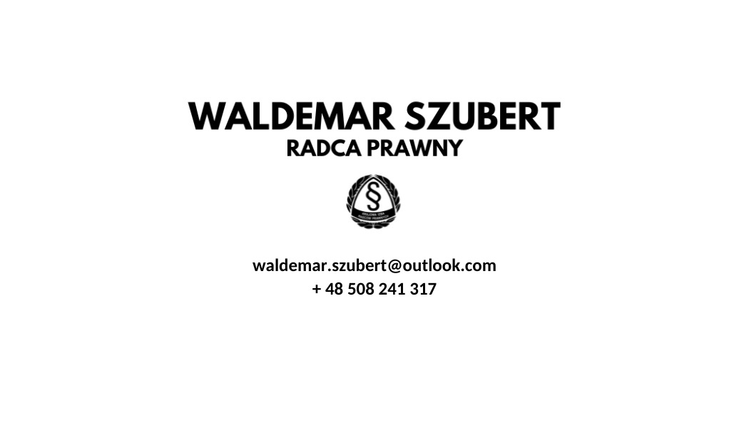 Logo kancelarii prawnej Waldemar Szubert z symbolem paragrafu, adresem e-mail i numerem telefonu na białym tle.
