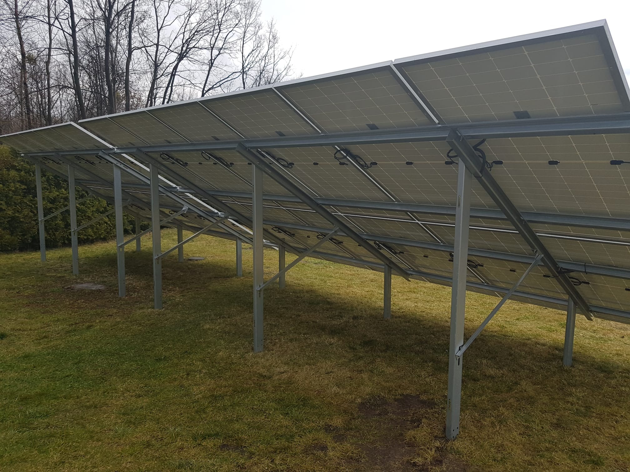 Widok od spodu na panele słoneczne zamontowane na metalowej konstrukcji, na tle trawnika i drzew bez liści.