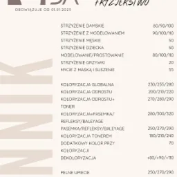 Cennik usług fryzjerskich salonu Escada, obowiązujący od 01.01.2023, zawierający ceny strzyżeń damskich, męskich, dziecięcych, modelowania, koloryzacji oraz upięć.