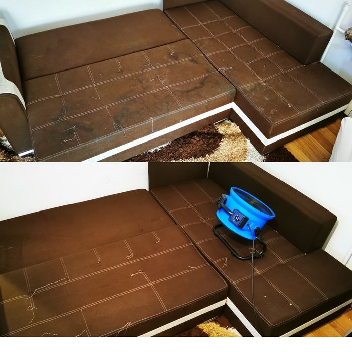 Dwuczęściowe zdjęcie narożnika z brązową tapicerką przed i po czyszczeniu, z widocznymi plamami na górnej części i niebieskim wentylatorem osuszającym na dolnej.