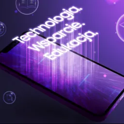 Smartfon wyświetlający neonowy napis: Technologia, Wsparcie, Edukacja, otoczony ikonami: książka, kula ziemska, lupa i biret.