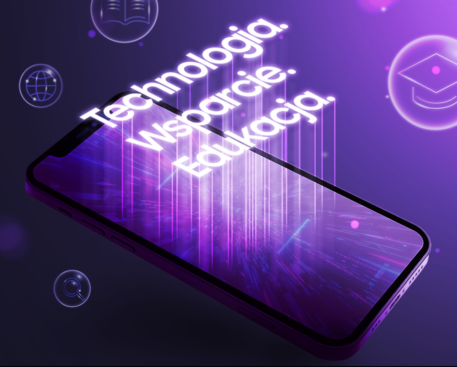 Smartfon wyświetlający neonowy napis: Technologia, Wsparcie, Edukacja, otoczony ikonami: książka, kula ziemska, lupa i biret.