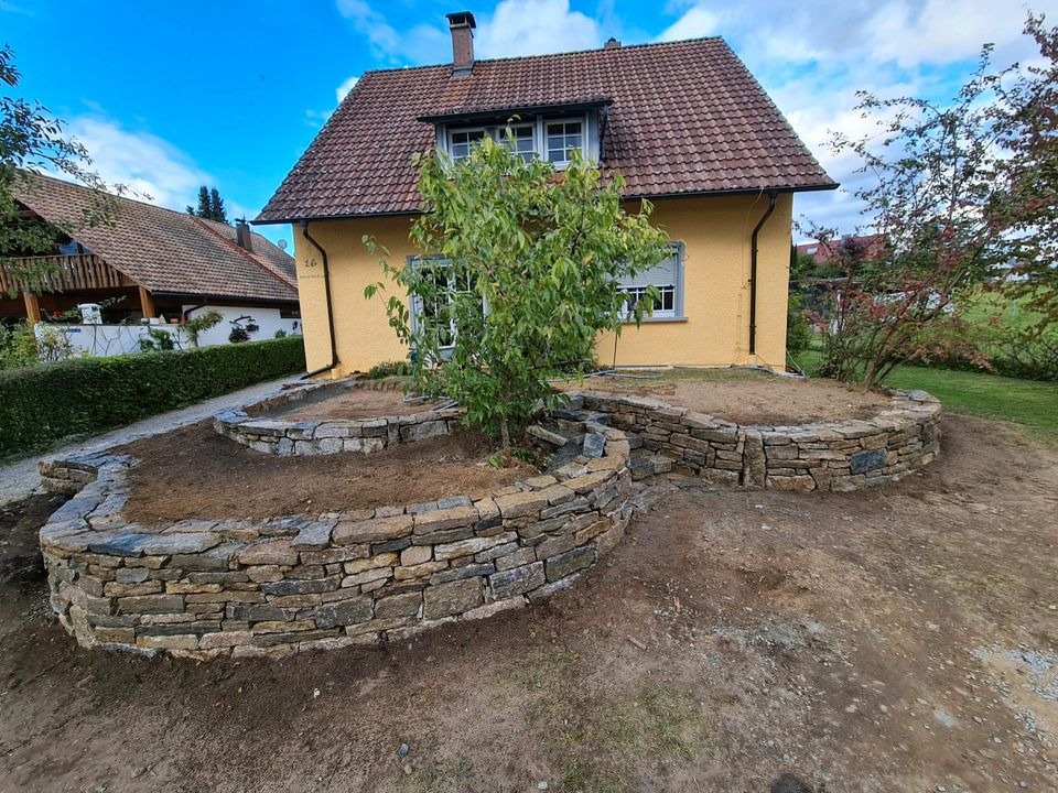 Kaskadowy ogródek z kamiennymi murkami oporowymi przed żółtym domem z czerwoną dachówką, świeżo usypana ziemia przygotowana do nasadzeń, widoczne ślady prac ziemnych.