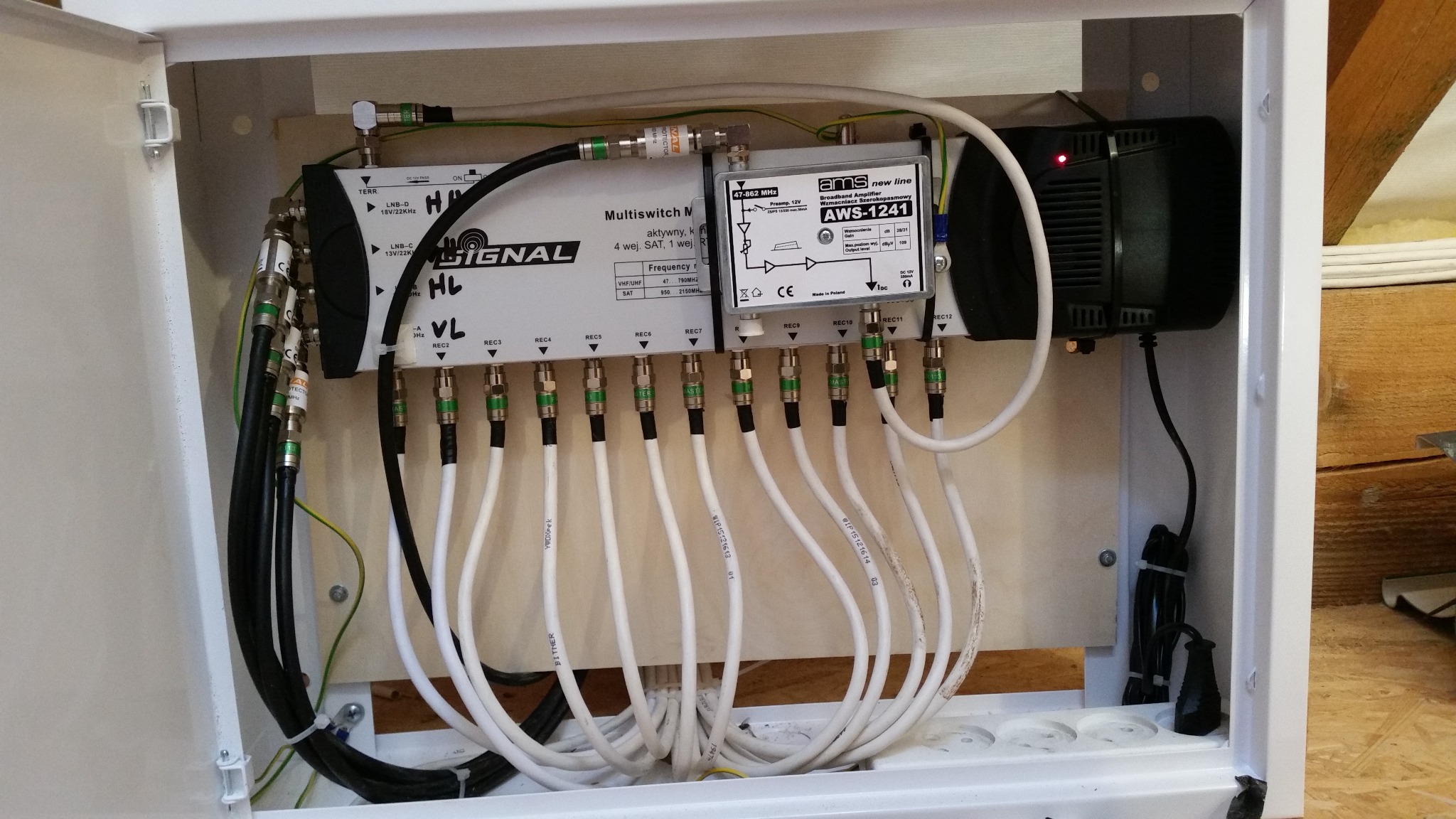 Rozdzielnica z multiswitchem i wzmacniaczem szerokopasmowym, liczne kable koncentryczne podłączone do złącz REC, zasilacz z czerwoną diodą w rogu, widoczne oznaczenia na kablach i urządzeniach...