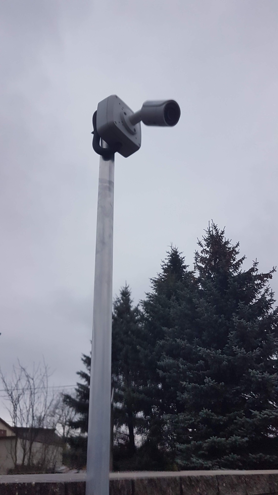 Kamera przemysłowa zamontowana na metalowym słupie, skierowana w prawo, na tle pochmurnego nieba i drzew iglastych.