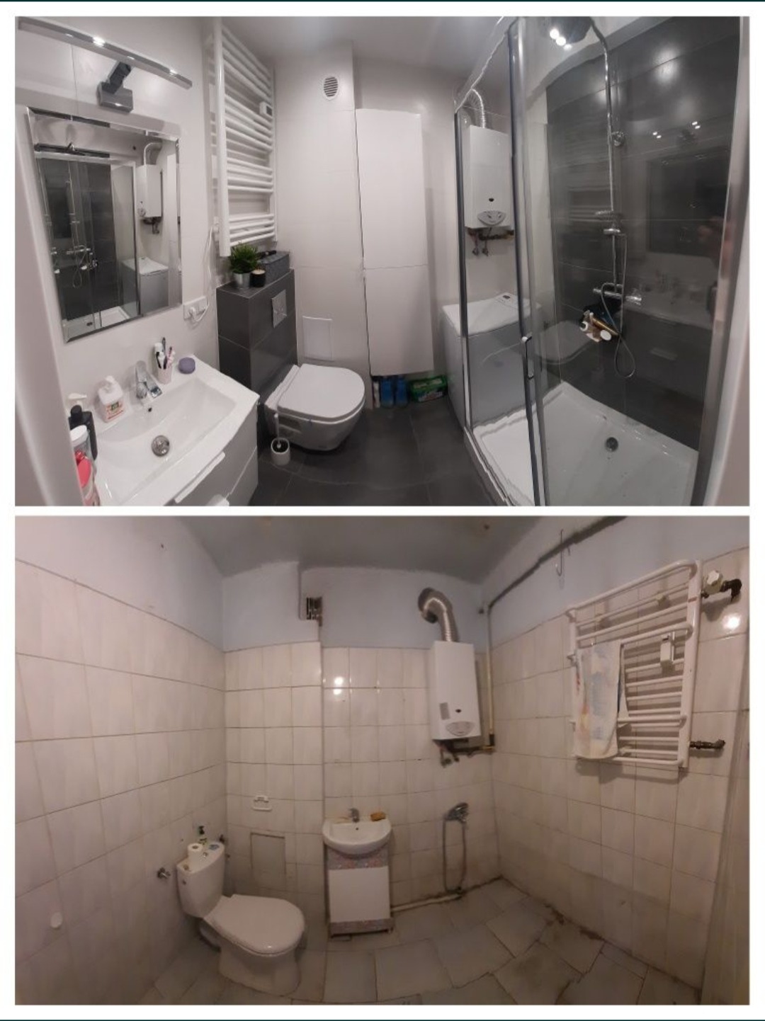 Porównanie łazienki przed i po: od starej, wykafelkowanej z małą umywalką i bojlerem, do nowoczesnej z kabiną prysznicową, wiszącą toaletą, umywalką na szafce i grzejnikiem ręcznikowym.