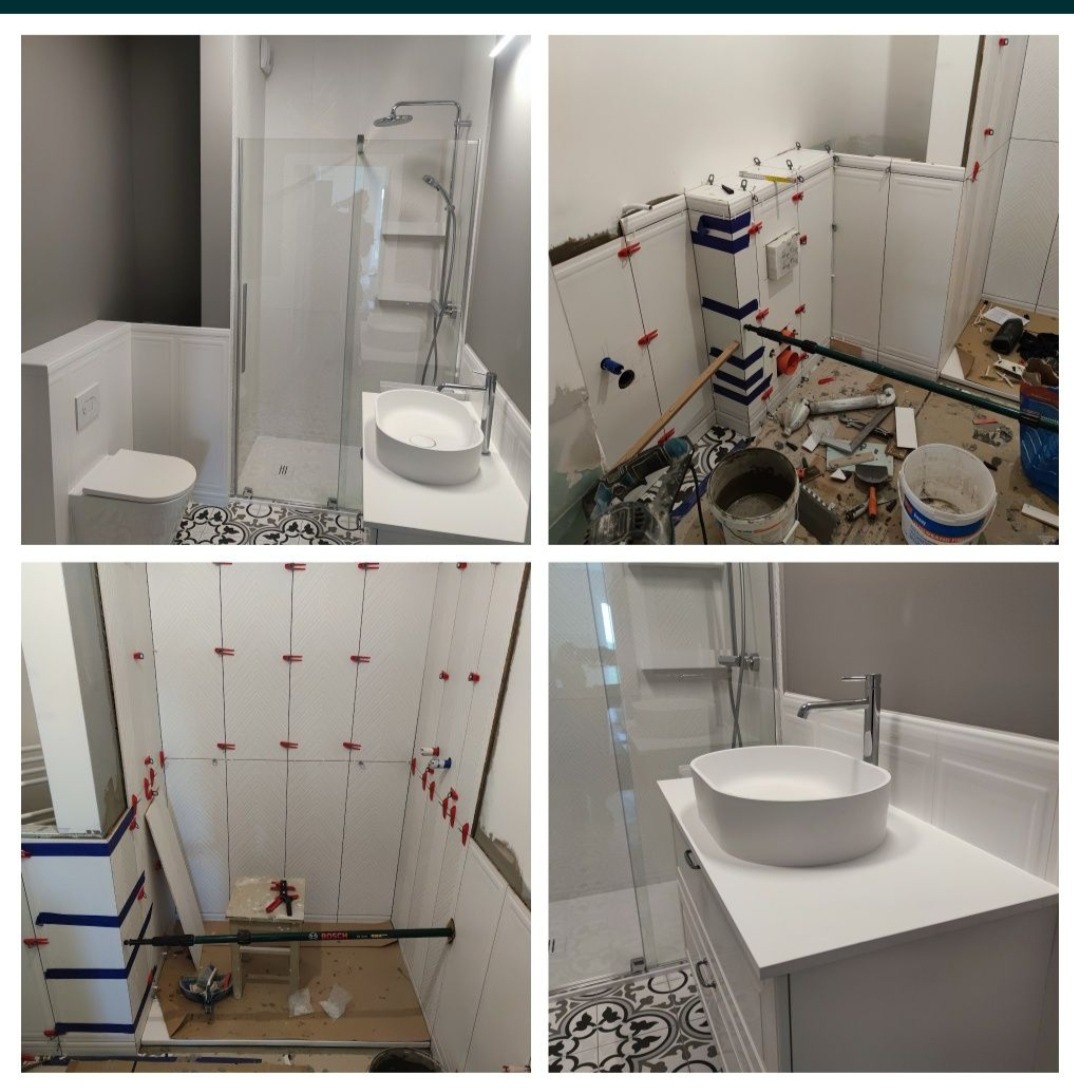 Czteropanelowe ujęcie łazienki: ukończona strefa umywalki i prysznica z wzorzystą podłogą, oraz fragmenty w trakcie układania białych płytek z czerwonymi krzyżykami dystansowymi, narzędzia...