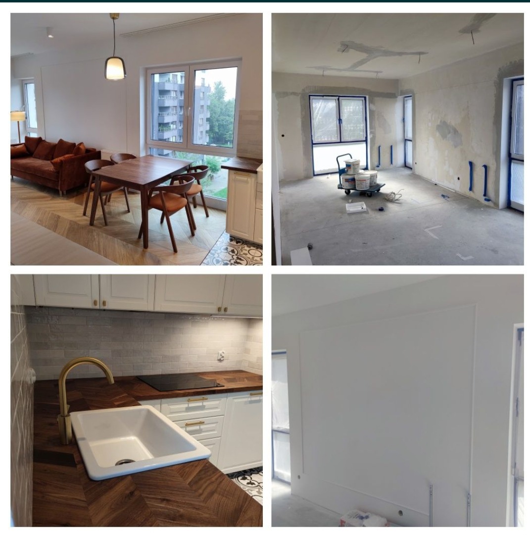 Kolaż czterech zdjęć przedstawiających etapy remontu mieszkania: salon z jodełkową podłogą i brązową sofą, pokój w trakcie prac z wózkiem farb, kuchnia z jodełkowym blatem i złotą armaturą, ściana...