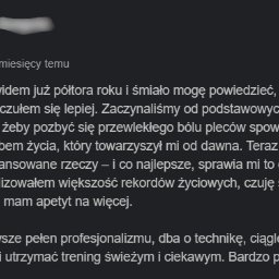 Dawid Rejniak Trener dla siedzących za biurkiem - Opinia klienta o trenerze personalnym: Nikita poleca Dawida za profesjonalizm, skuteczne treningi i poprawę samopoczucia po półtora roku współpracy.