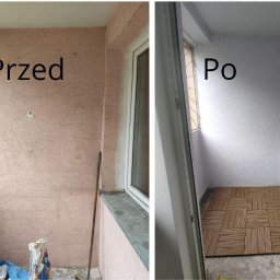 TM Projekt - Balkon przed i po odświeżeniu: ściany pomalowane na biało, ułożona drewniana podłoga z paneli, widoczne różnice w stanie przed i po remoncie.