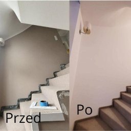 TM Projekt - Klatka schodowa przed i po malowaniu: widoczne zabezpieczenia folią malarską na schodach w części 'przed', oraz świeżo pomalowana ściana w odcieniu jasnego beżu w części 'po'.