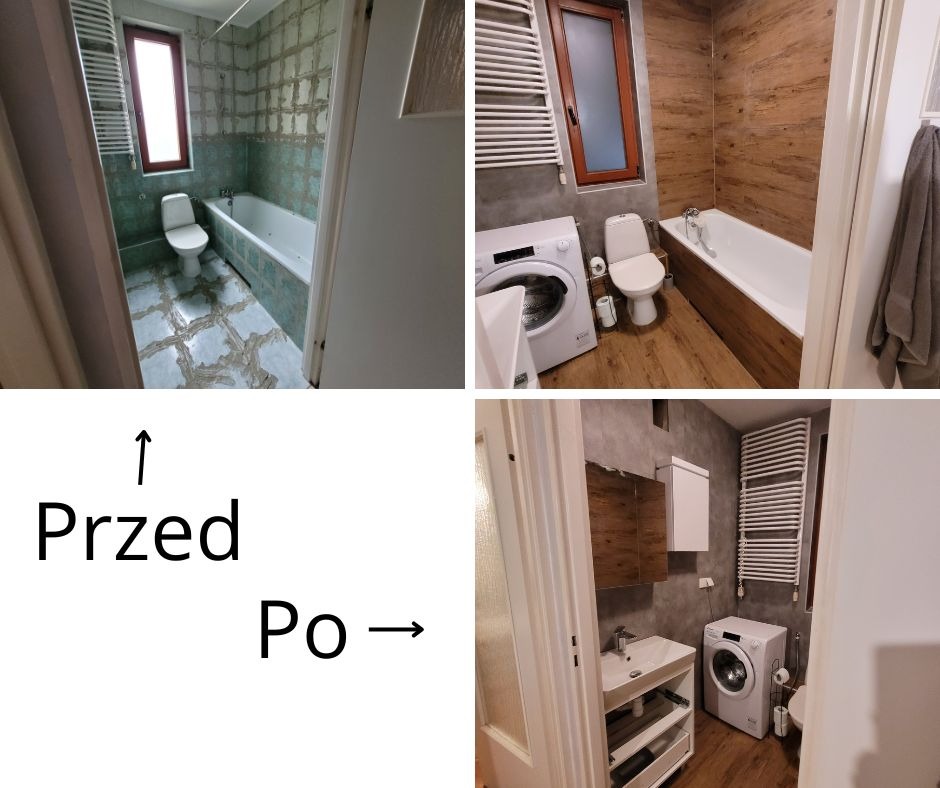 Porównanie stanu łazienki przed i po remoncie: surowe ściany i podłoga w odcieniach zieleni kontra wykończone drewnem i szarością z nową pralką i grzejnikiem drabinkowym.