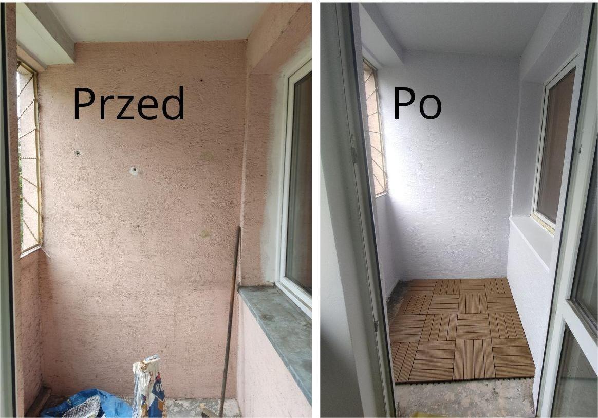 Balkon przed i po odświeżeniu: ściany pomalowane na biało, ułożona drewniana podłoga z paneli, widoczne różnice w stanie przed i po remoncie.