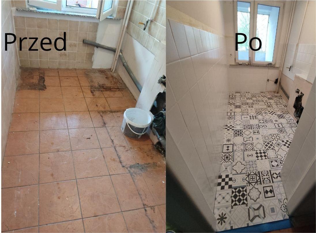 Porównanie stanu łazienki przed i po remoncie: po lewej stronie brudne, brązowe płytki podłogowe i ściany z widocznymi śladami użytkowania, po prawej stronie nowe, białe płytki ścienne i podłoga...