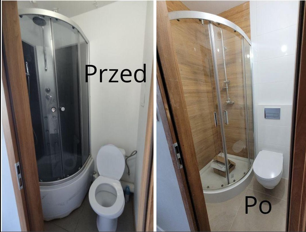 Porównanie łazienki przed i po remoncie: stara kabina prysznicowa z ciemnymi szybami i biała toaleta kontra nowa kabina z przezroczystego szkła, drewnopodobne panele na ścianie i podwieszana toaleta.