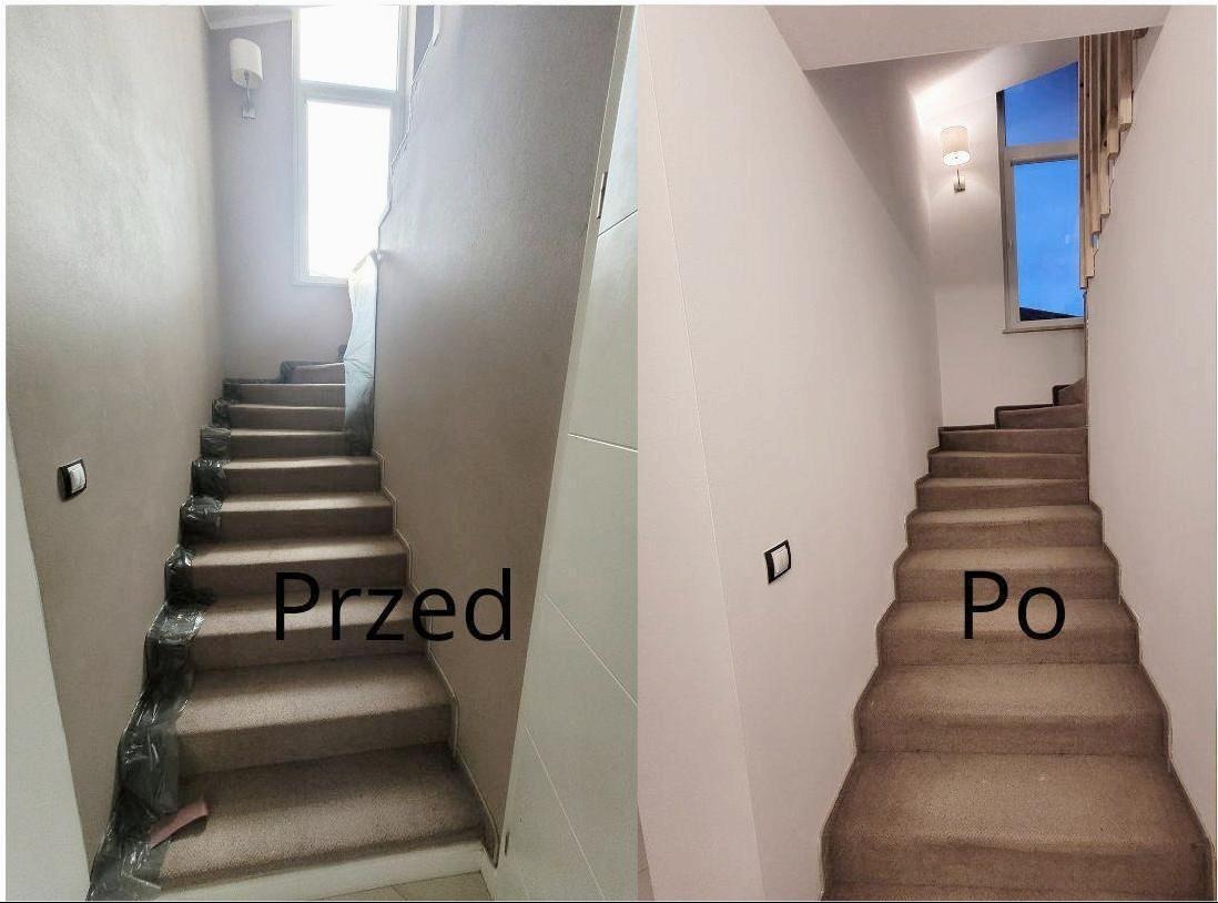 Zdjęcie porównawcze schodów przed i po remoncie: ściany odświeżone, z szarego na biały, okno z zasłoną, zmienione oświetlenie, zabezpieczenie folią usunięte.