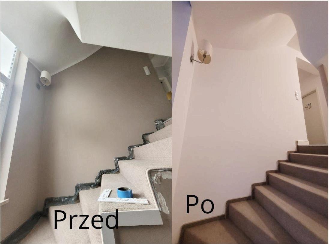 Klatka schodowa przed i po malowaniu: widoczne zabezpieczenia folią malarską na schodach w części 'przed', oraz świeżo pomalowana ściana w odcieniu jasnego beżu w części 'po'.