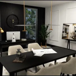 Wizualizacja biura z czarnymi meblami, złotymi lampami i marmurową podłogą, na stole leżą plany architektoniczne oraz karafka z kieliszkami, a na ścianie wisi zegar w stylu industrialnym.