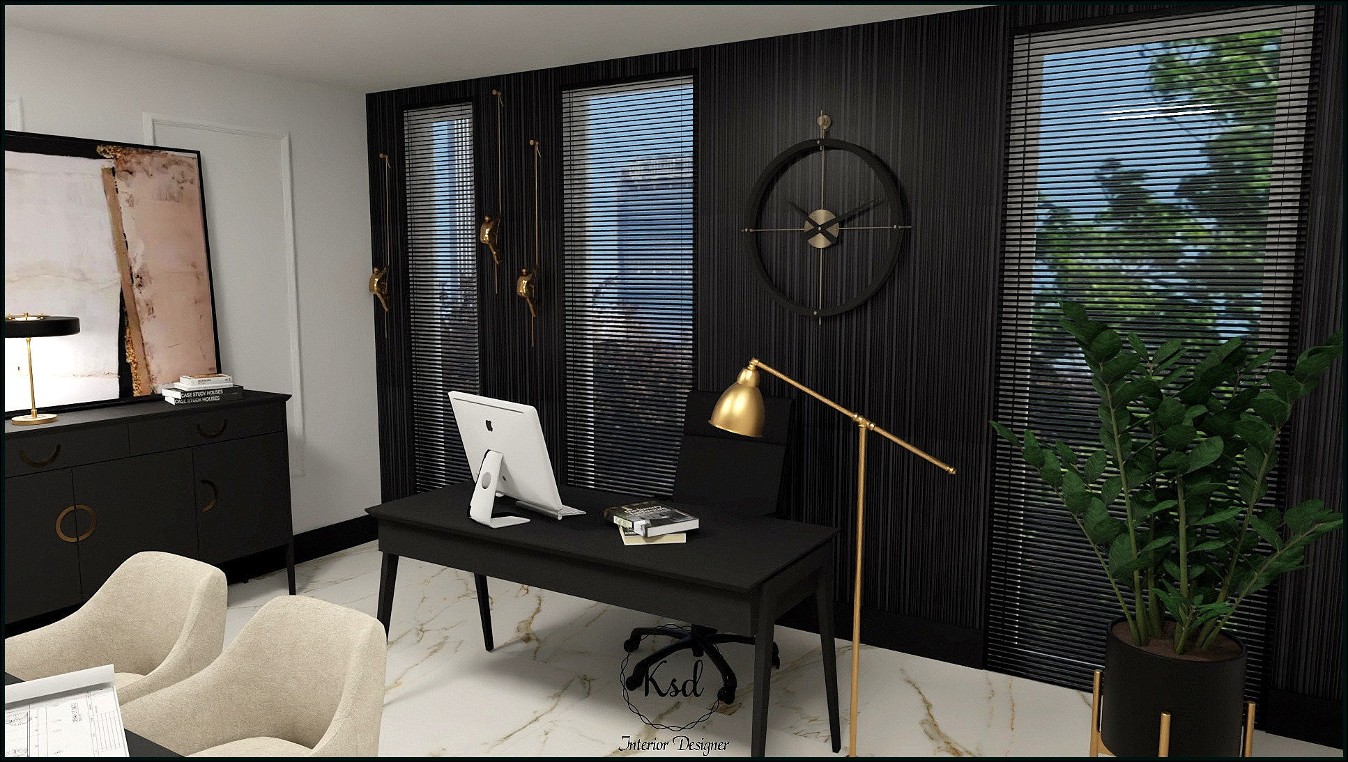 Wizualizacja gabinetu w czerni i złocie: biurko z komputerem, złota lampa, dekoracje ścienne, marmurowa podłoga i roślina doniczkowa przy oknie.