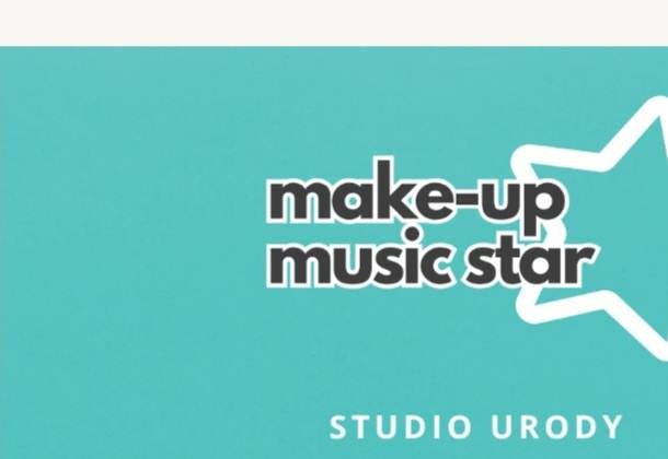 Logo studia urody 'make-up music star' na turkusowym tle z białą gwiazdą.