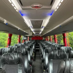 Wnętrze autobusu turystycznego z rzędami czarnych, skórzanych foteli, oświetleniem LED i widokiem na zieleń za oknami.