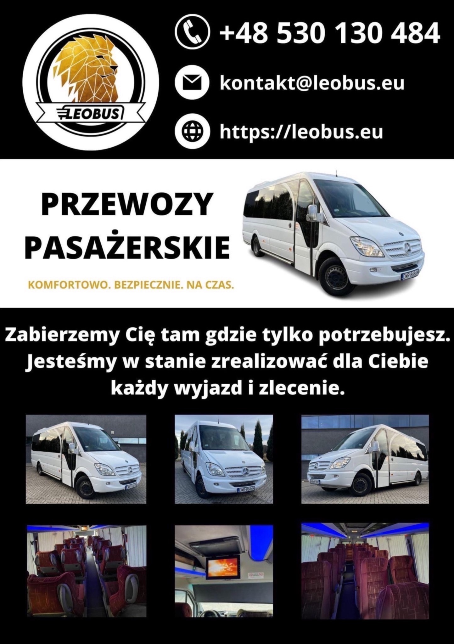 Kompozycja zdjęć: logo Leobus, dane kontaktowe, biały bus z zewnątrz, wnętrze busa z czerwonymi fotelami i ekranem TV.