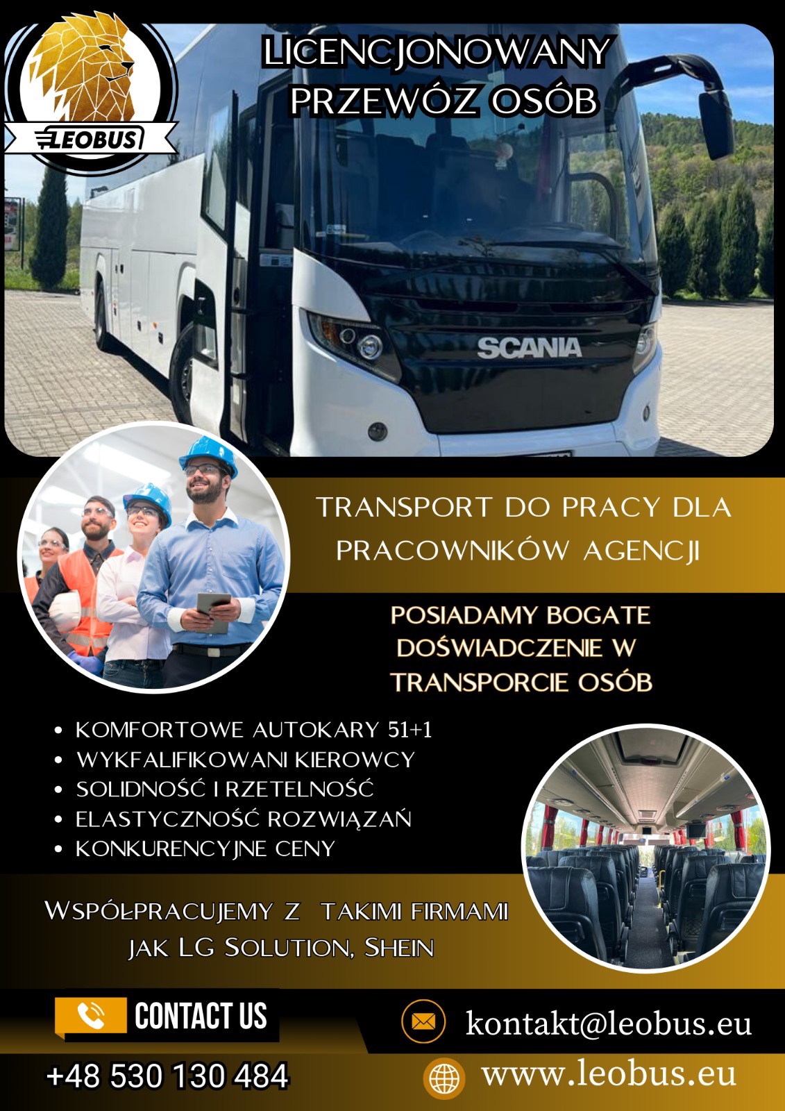 Reklama firmy transportowej: nowoczesny autokar Scania, transport pracowników agencji, komfortowe autokary 51+1, wykwalifikowani kierowcy, solidność i rzetelność, elastyczność rozwiązań...