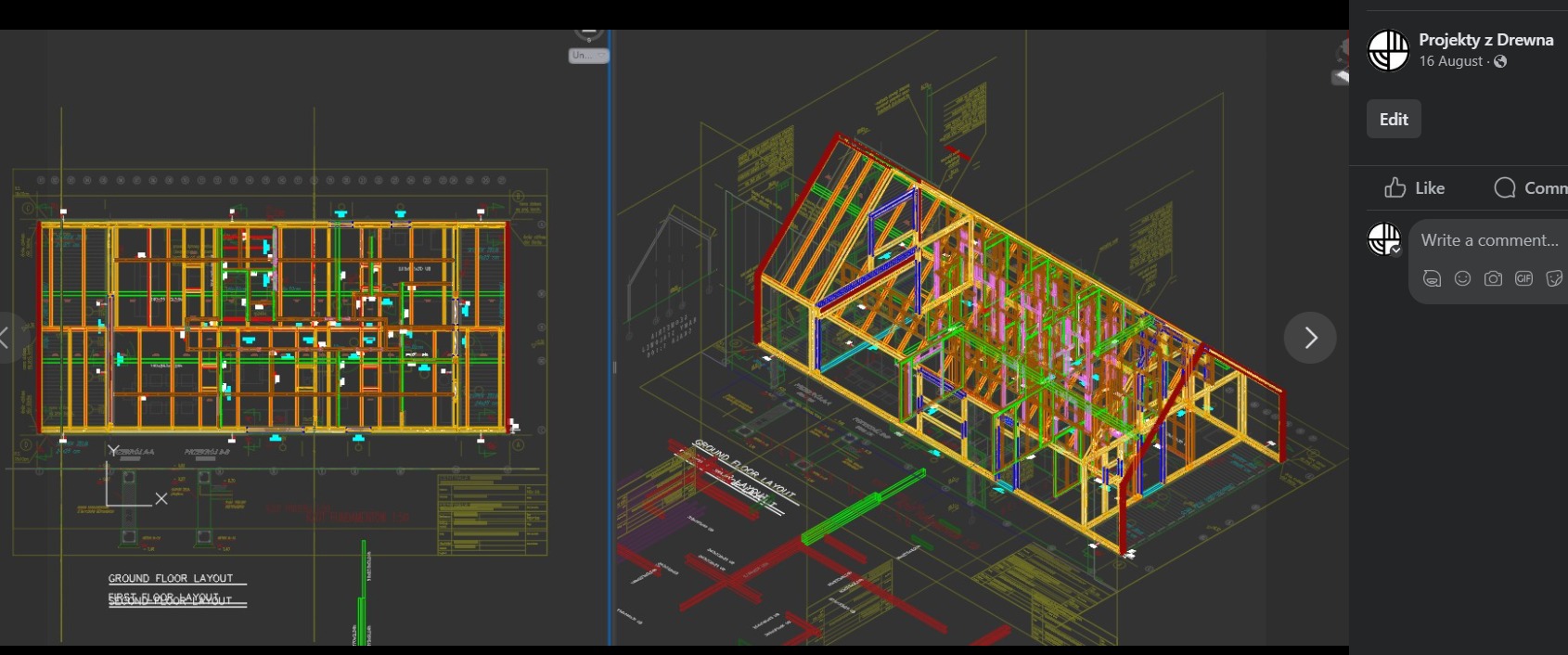 Projekt domu jednorodzinnego, konstruckja drewniana. Sciany : panele SIP. Dach : Panele SIP.