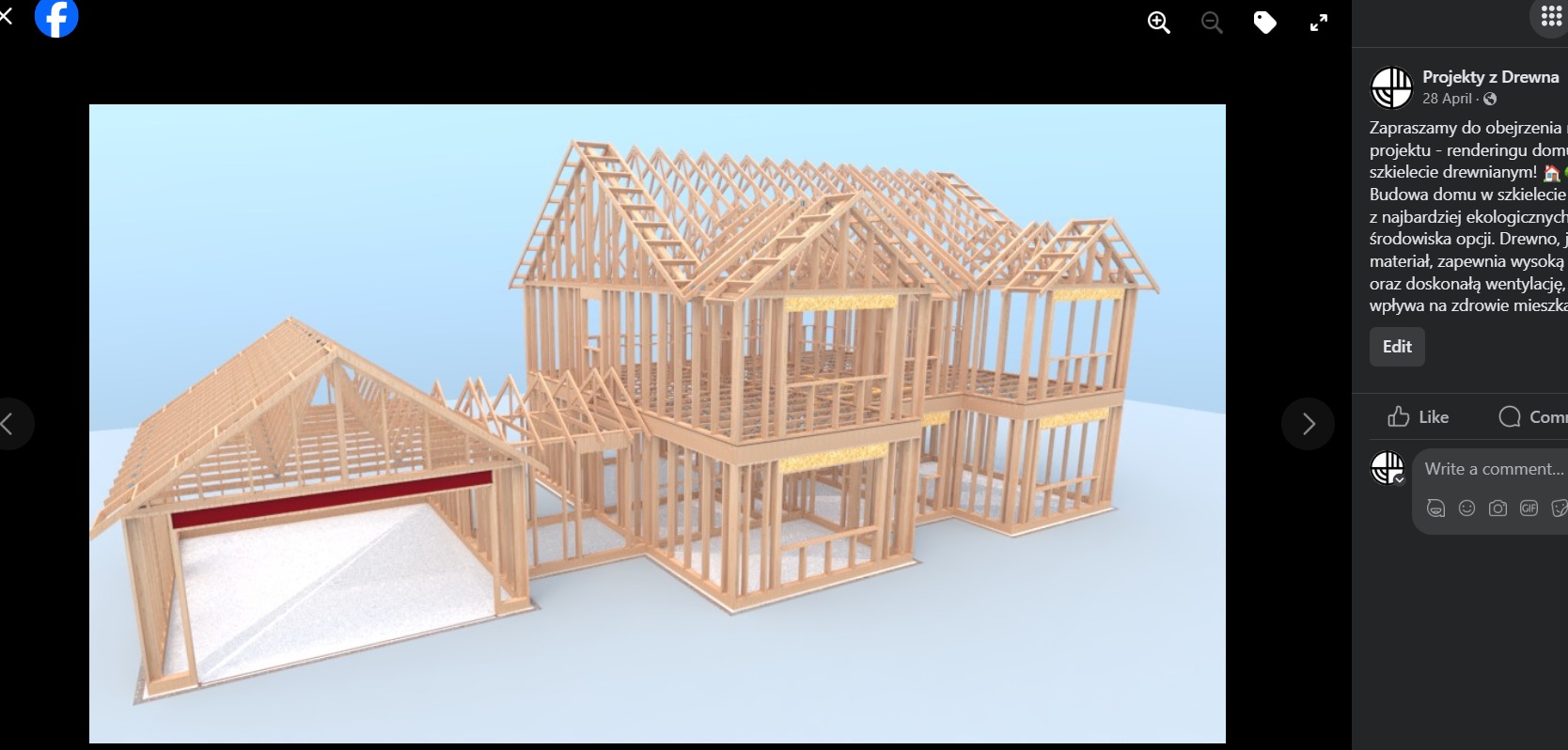 Dom jednorodzinny. Wizulaizajca konstrukcji drewnianej