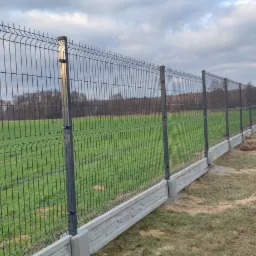Długi, prosty odcinek ciemnoszarego ogrodzenia panelowego z betonową podmurówką na granicy działki z widokiem na łąkę i las w tle.