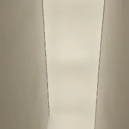 Widok z dołu na biały sufit napinany z delikatną metalową listwą, zamontowany między dwiema jasnoszarymi ścianami. Ujęcie z dołu podkreśla minimalistyczny design.