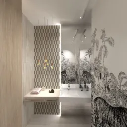 Wizualizacja łazienki z umywalką, lustrem z motywem dżungli, dekoracyjną ścianą i oświetleniem wiszącym