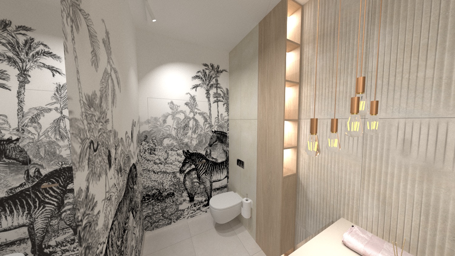 Wizualizacja łazienki z motywem zebry na ścianach, wisząca lampa z ozdobnymi żarówkami, drewniana szafka z wnękami i biała ceramika sanitarna.