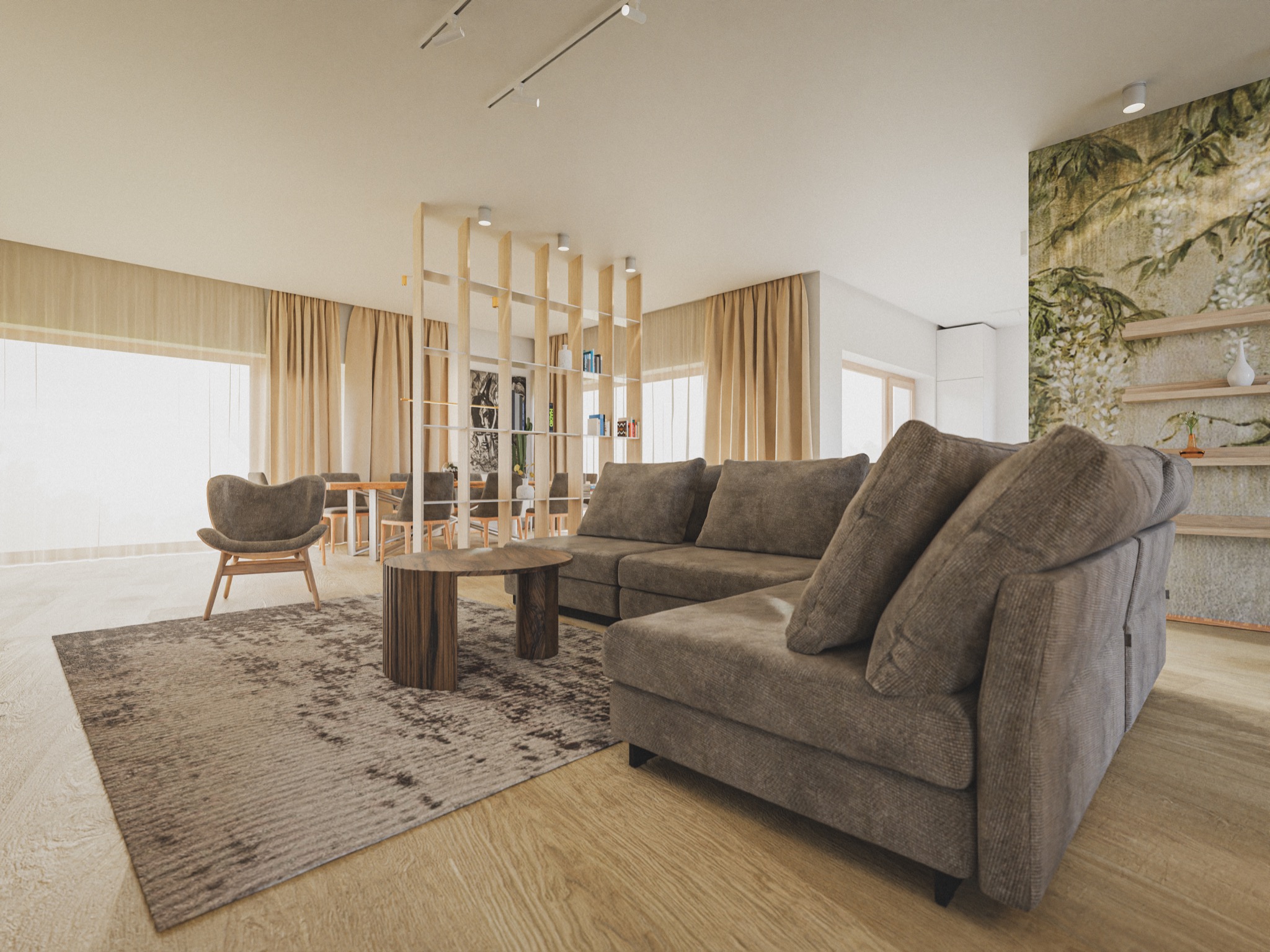 Jasne wnętrze salonu z narożną sofą w odcieniach szarości, drewnianym stolikiem kawowym, dywanem z geometrycznym wzorem i ażurową ścianką działową z półkami na książki.