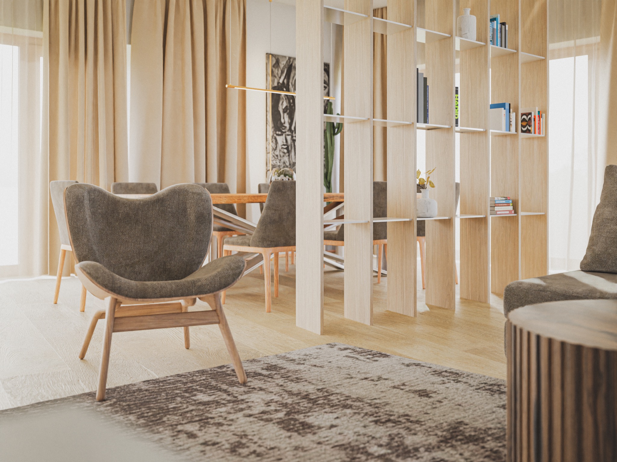Jasne wnętrze mieszkania z drewnianą podłogą, szarym dywanem, krzesłem w stylu skandynawskim i regałem z książkami, widok na stół jadalny i zasłony w tle.