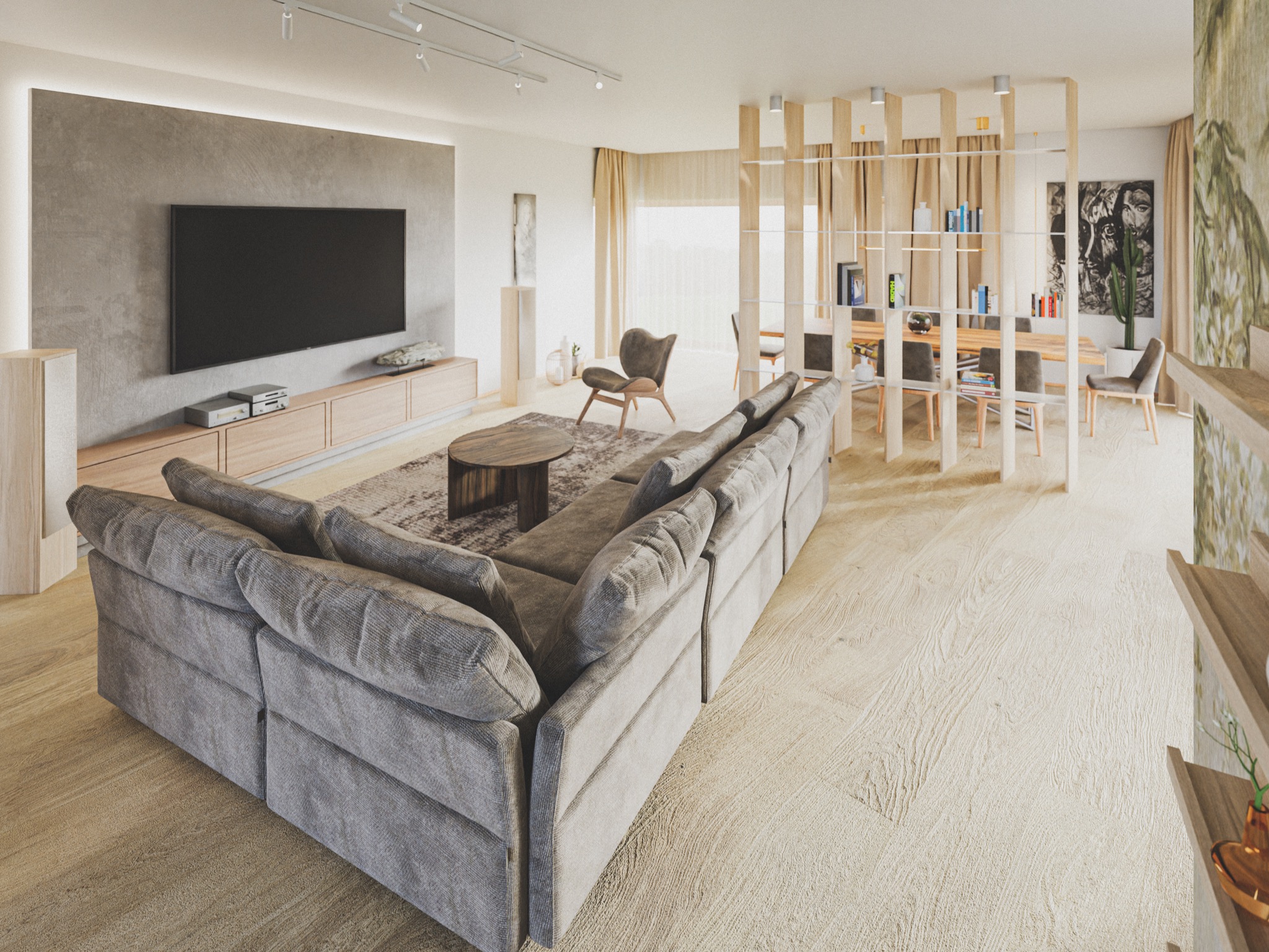 Nowoczesny salon z szarą, modułową sofą narożną, drewnianym stolikiem kawowym na wzorzystym dywanie, ścianą TV z podświetleniem LED, oraz ażurową ścianką działową oddzielającą jadalnię z drewnianym...