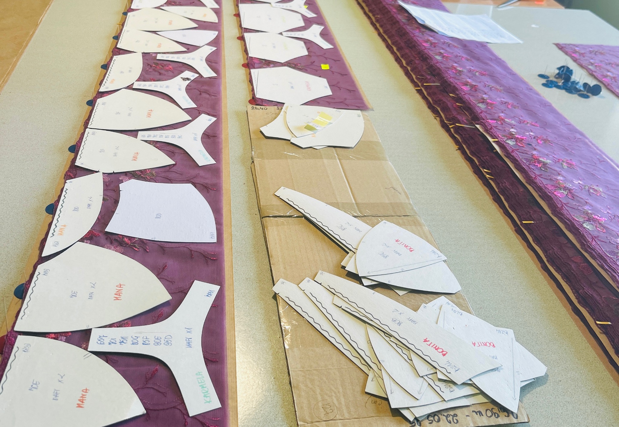 Rozłożone wykroje odzieży damskiej na fioletowej, kwiecistej tkaninie i kartonie. Widoczne napisy 'MANA', 'BONITA' i oznaczenia rozmiarów. Przygotowanie do szycia.