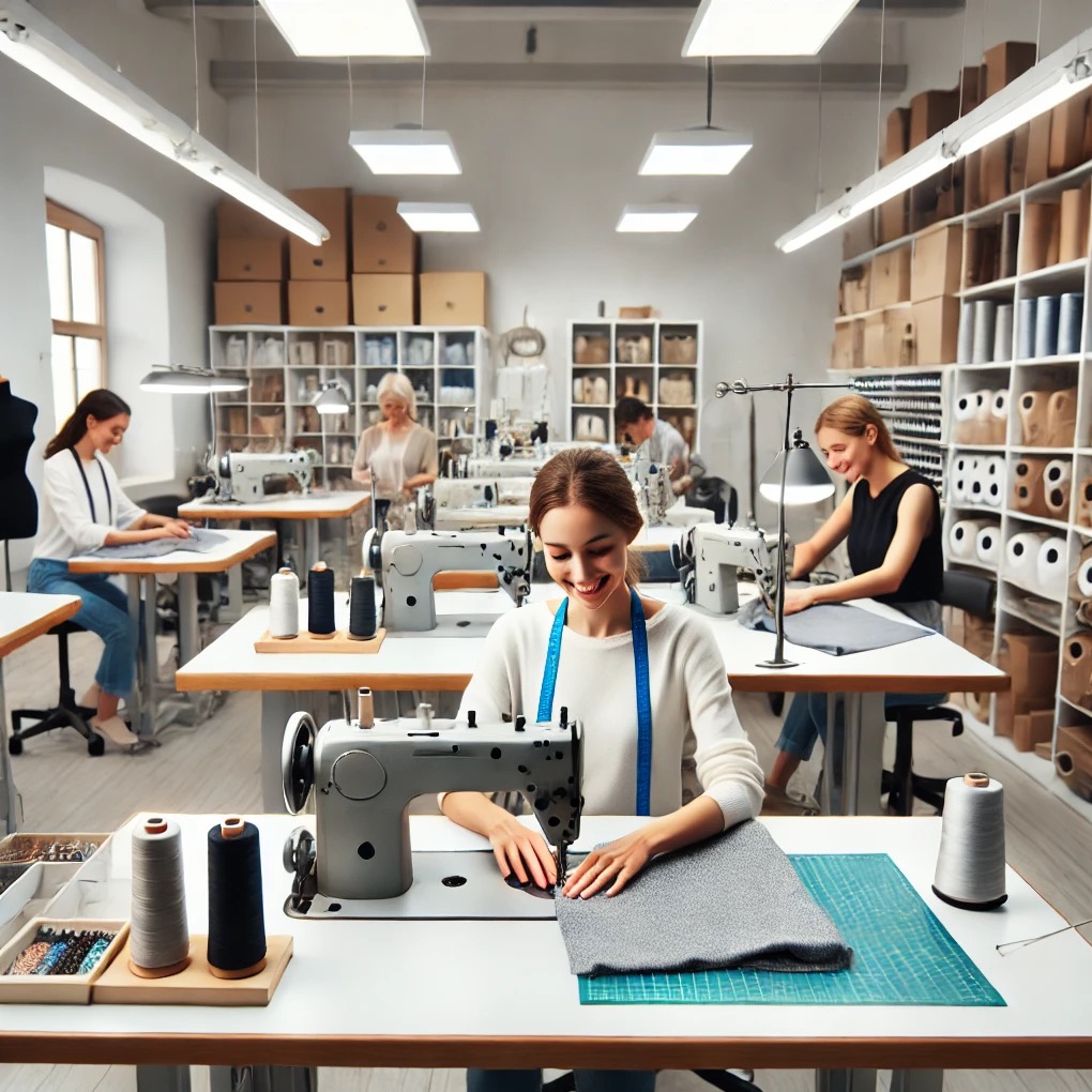 Jasne wnętrze pracowni krawieckiej: kobiety szyją na maszynach, w tle regały z materiałami i pudełkami. Uśmiechnięta brunetka w centrum kadru przy pracy.