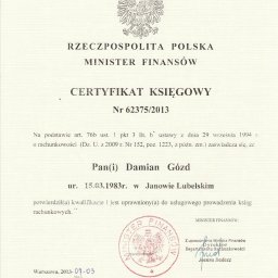 Certyfikat Księgowy nr 62375/2013.
