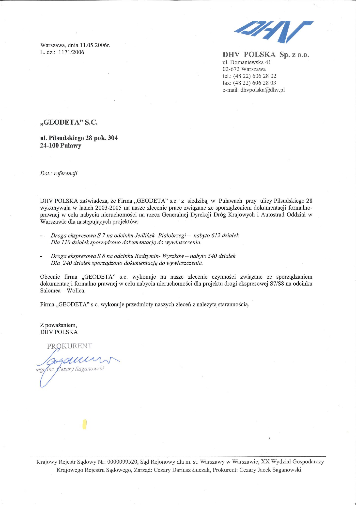 Skan dokumentu referencyjnego firmy DHV POLSKA dla firmy Geodeta S.C. z informacją o współpracy przy projektach drogowych, zawierający adresy i dane kontaktowe obu firm oraz podpis prokurenta...