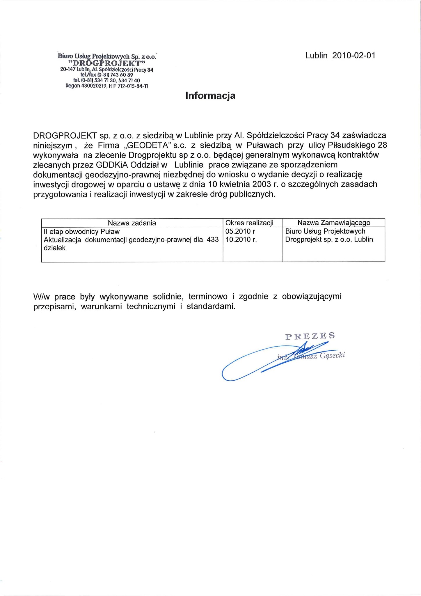 Skan dokumentu referencyjnego dla firmy geodezyjnej, wystawionego przez Drogprojekt, potwierdzający wykonanie prac geodezyjno-prawnych związanych z obwodnicą Puław, z datą wystawienia 2010-02-01...