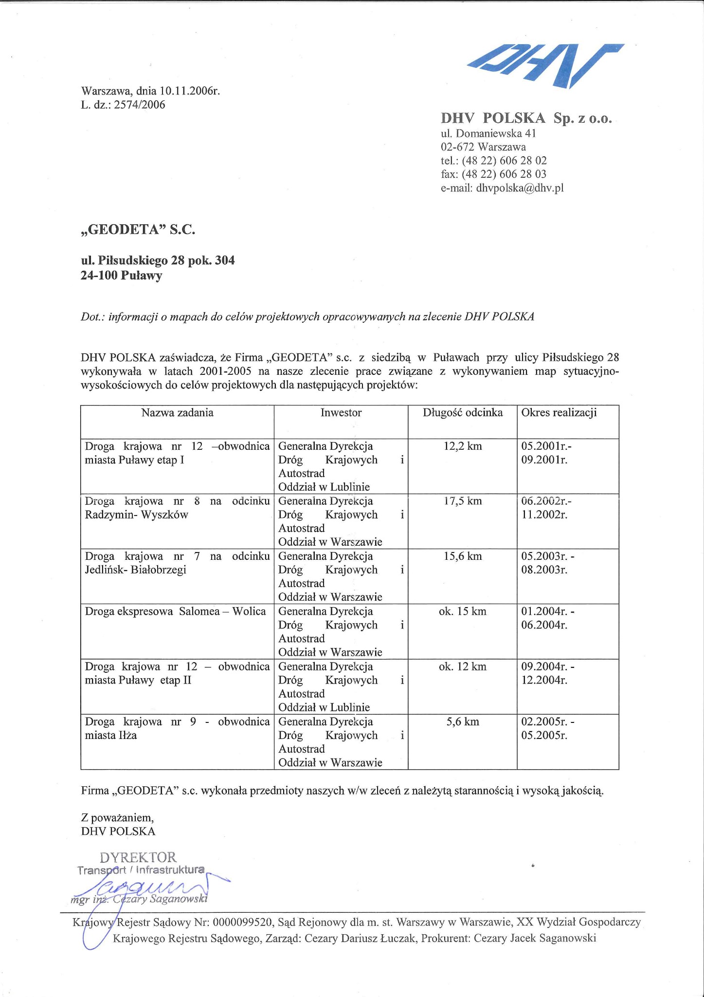 Skan dokumentu referencyjnego firmy Geodeta S.C. od DHV Polska, potwierdzający wykonanie map sytuacyjno-wysokościowych dla projektów drogowych w latach 2001-2005, z wyszczególnieniem nazw zadań...