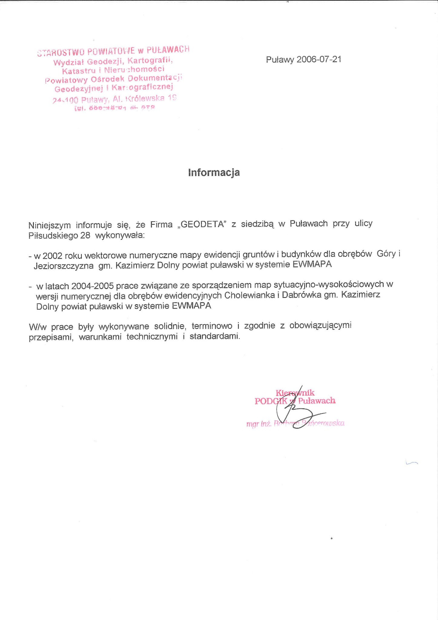 Skan dokumentu z Starostwa Powiatowego w Puławach, zawierający informację o wykonanych pracach geodezyjnych przez firmę 'GEODETA', datowany na 2006-07-21, z podpisem Kierownika PODGiK Puławach.