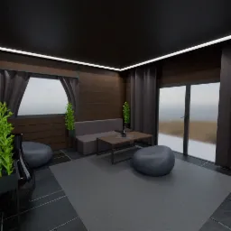 Wizualizacja wnętrza nowoczesnego pokoju z ciemnymi drewnianymi panelami, szarą sofą, pufami i stolikiem kawowym, oświetlonego listwami LED.