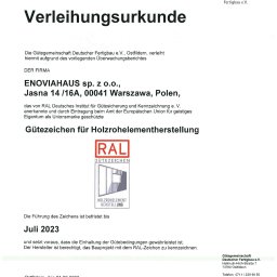 Certyfikat jakości RAL wydany przez Niemieckie Stowarzyszenie Jakości Budownictwa Prefabrykowanego.