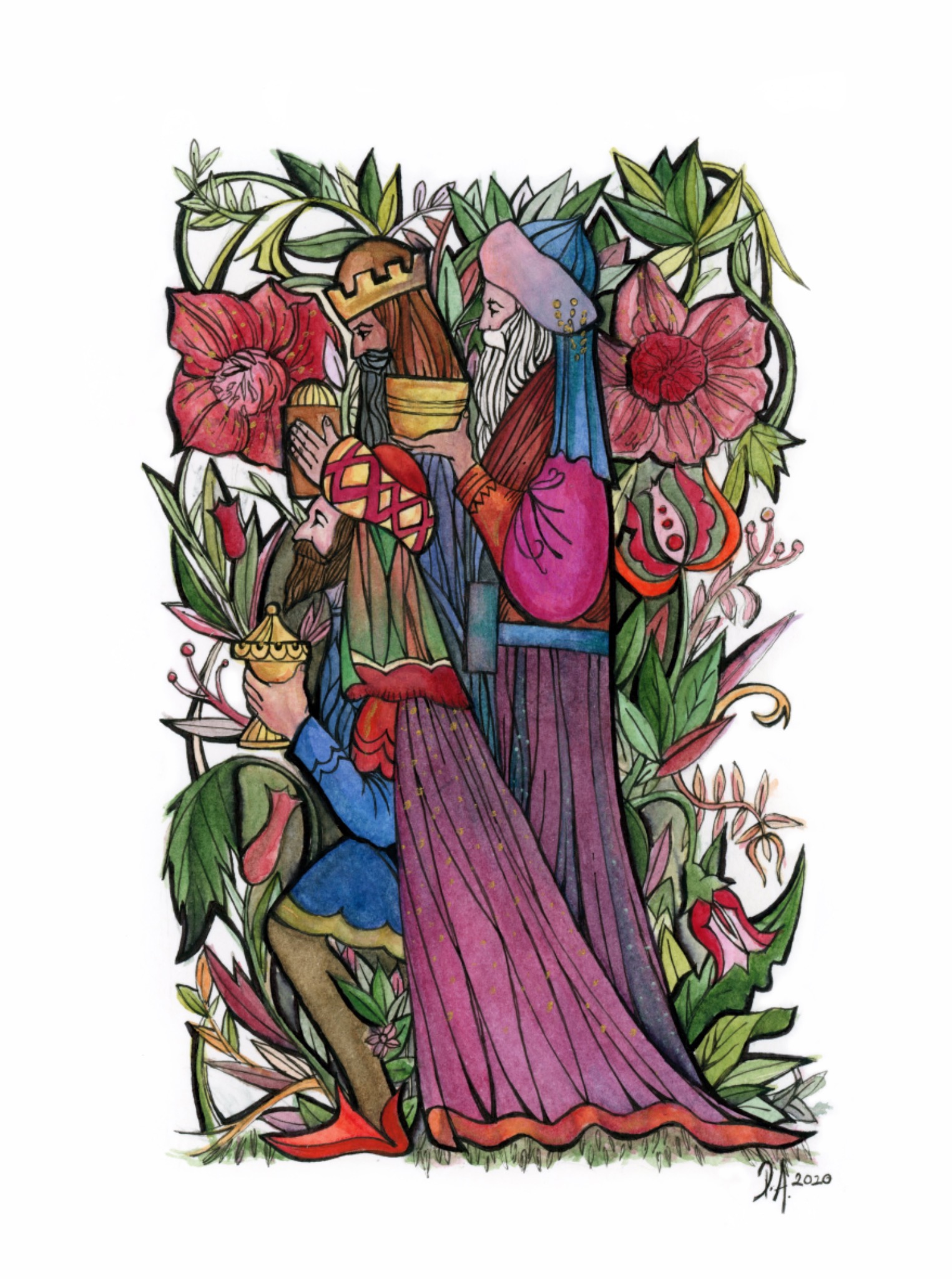 Ilustracja akwarelowa przedstawiająca Trzech Króli w otoczeniu kwiatów i roślin, utrzymana w stylu średniowiecznym.