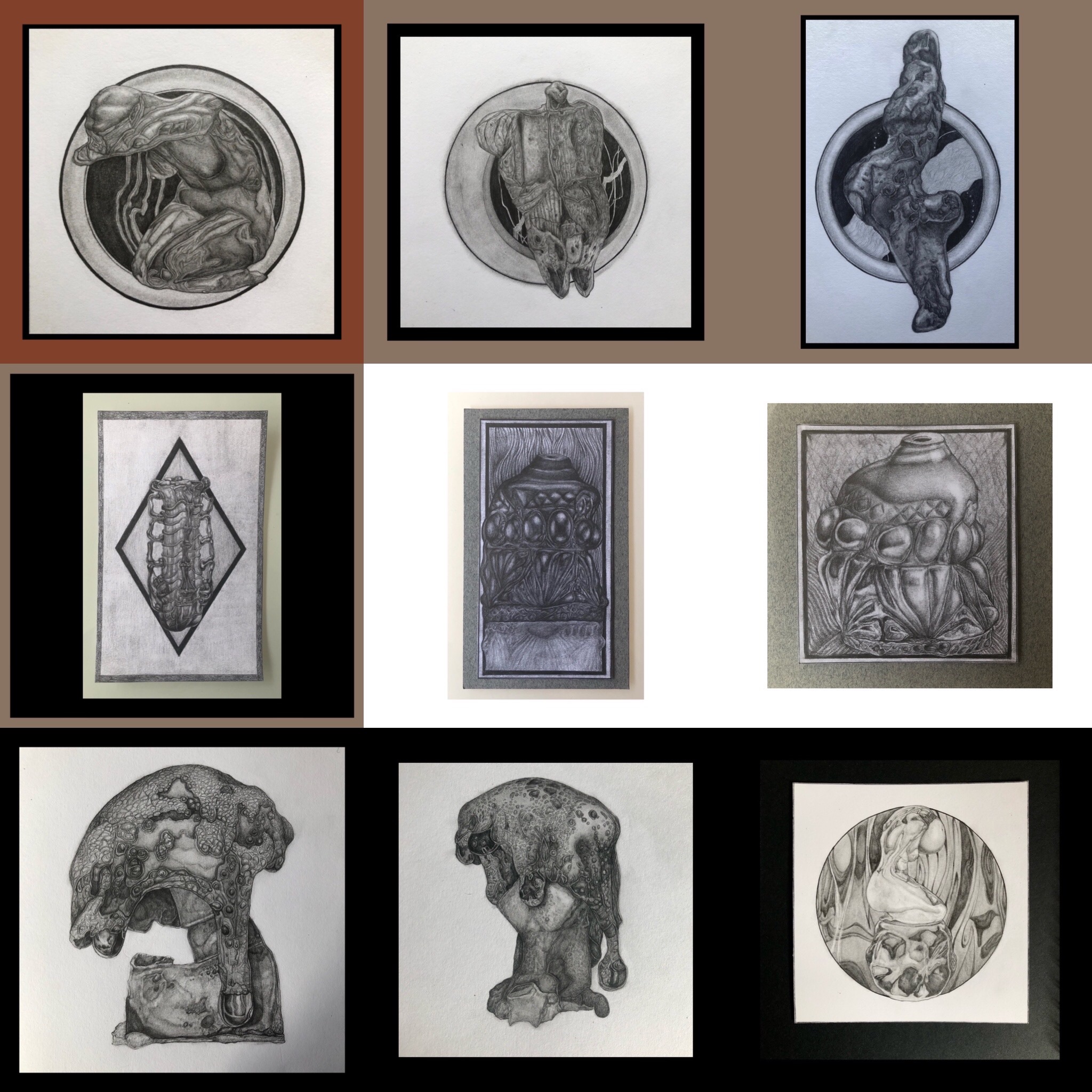 Zestaw dziewięciu szkiców ołówkiem przedstawiających abstrakcyjne, organiczne formy i figury, niektóre umieszczone w okręgach lub ramach, zróżnicowane style i kompozycje.