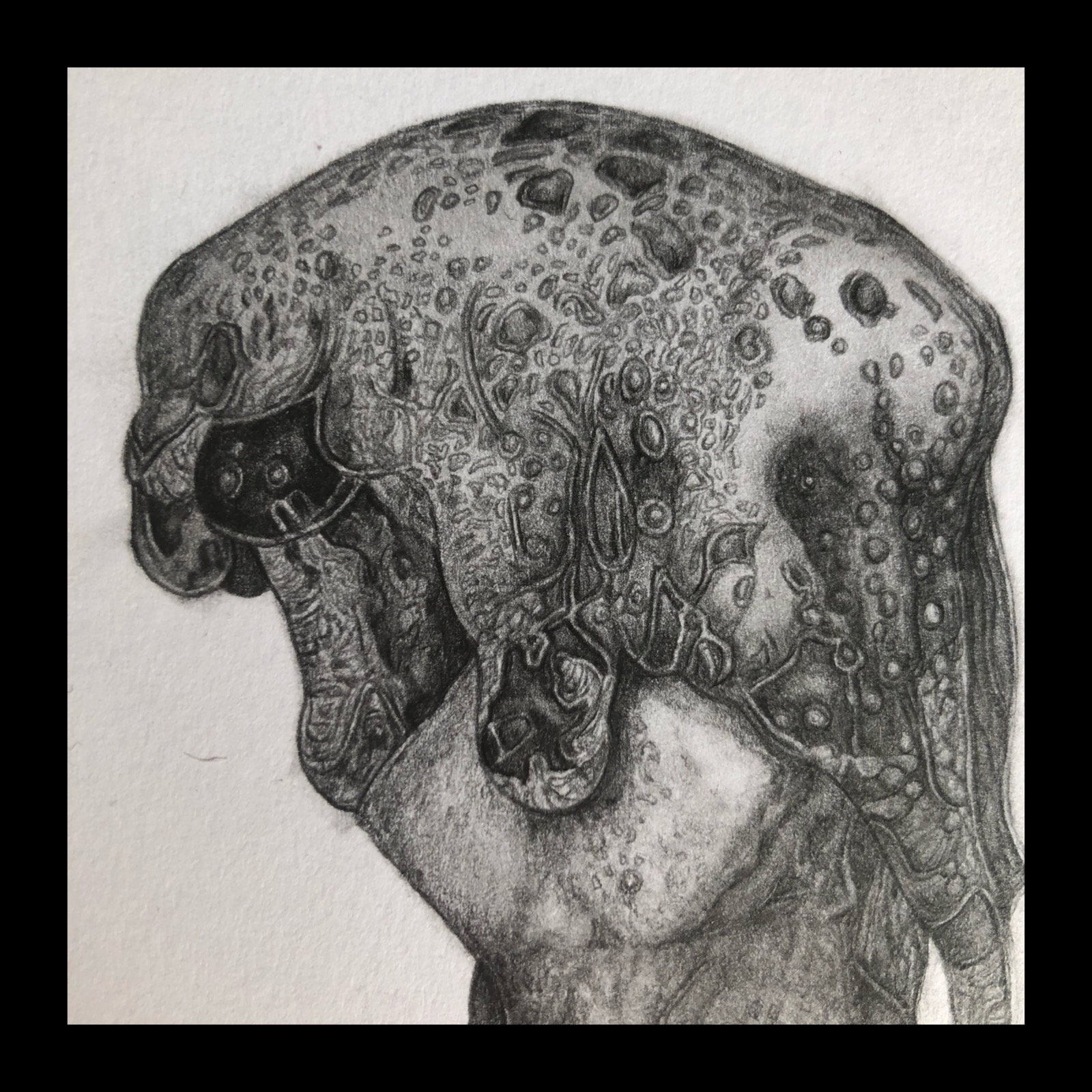 Szary szkic ołówkiem przedstawiający zdeformowaną postać z licznymi wypukłościami i guzkami, ukazany z profilu na białym tle papieru.